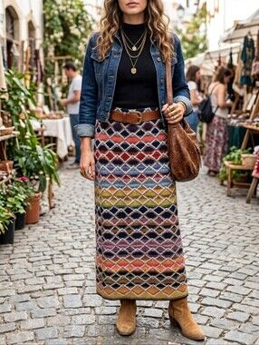 Handmade Multicolor Woven Geometric Boho Maxi Skirt Western Festival Size M